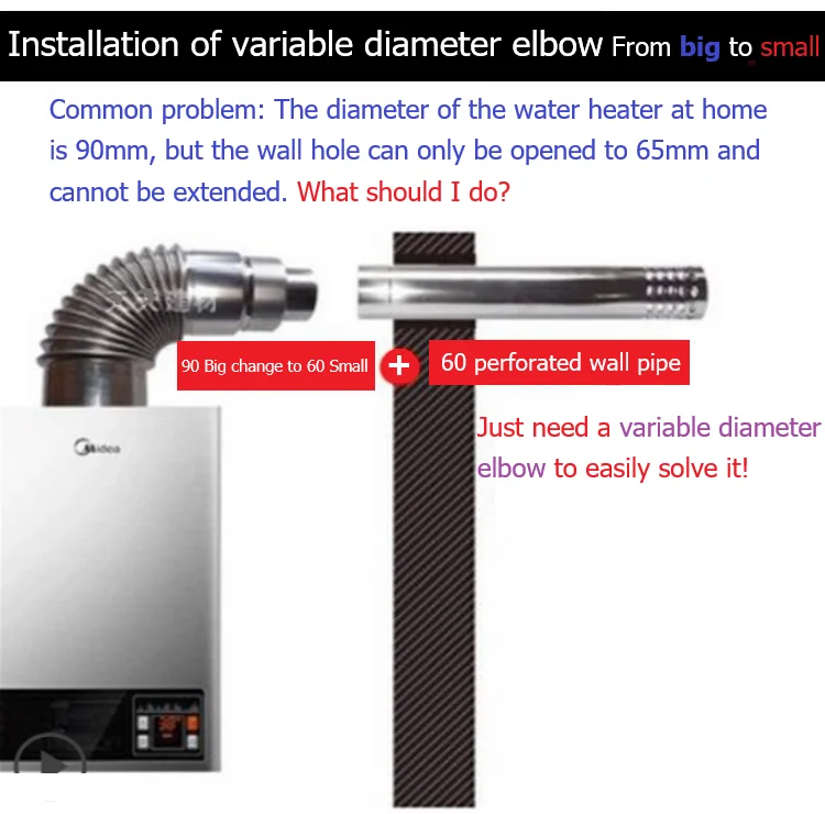 90 ° Thread Variable Diameter Elbow 0.4mm Ultra-thin Stainless Steel Pipe Joint for Water Heater Kitchen Exhaust Connection