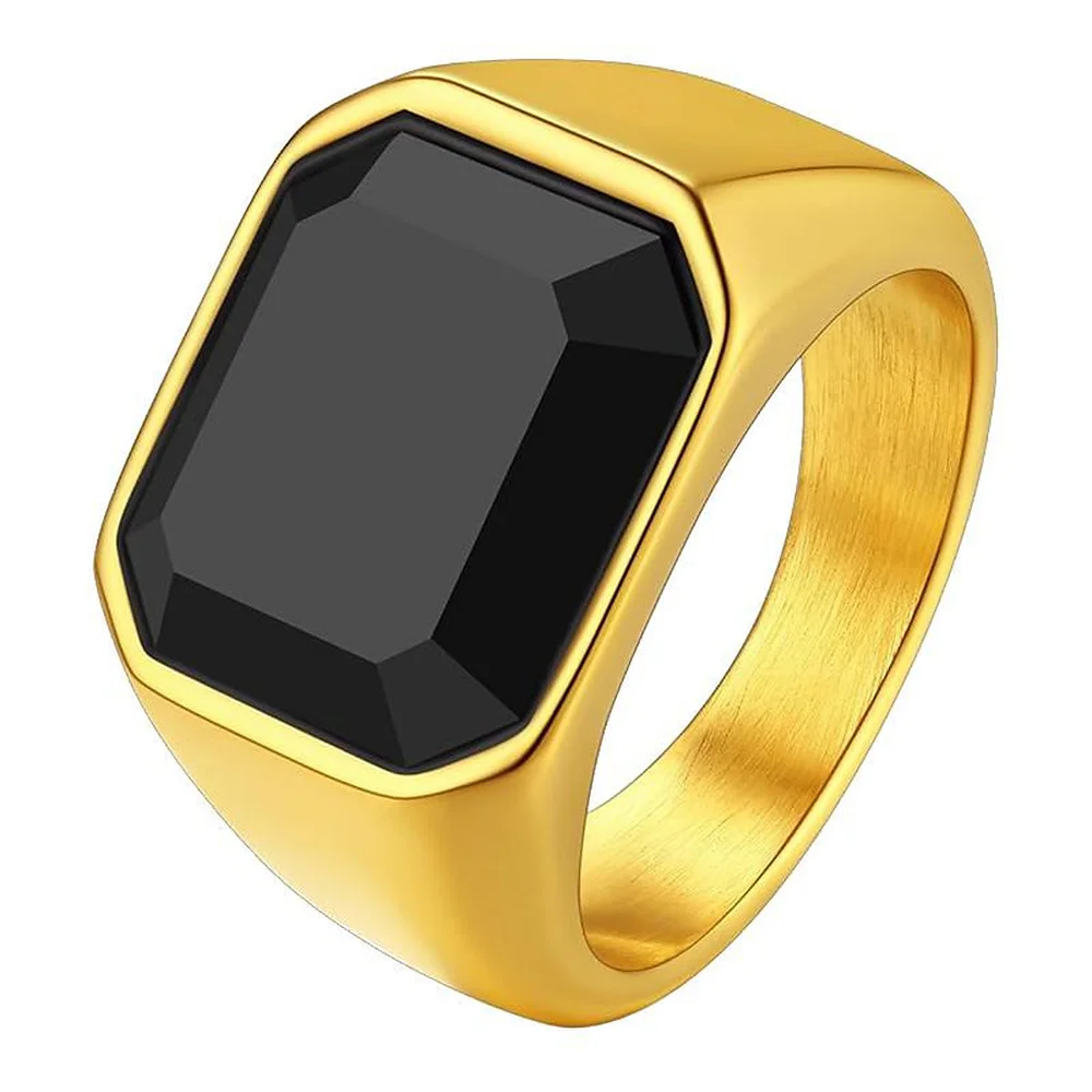 Schwarzer, facettierter Siegelring für Herren, quadratischer Modeschmuckring, goldfarben, silberfarben, schwarz, poliert, geometrischer Stil. – Detail 7