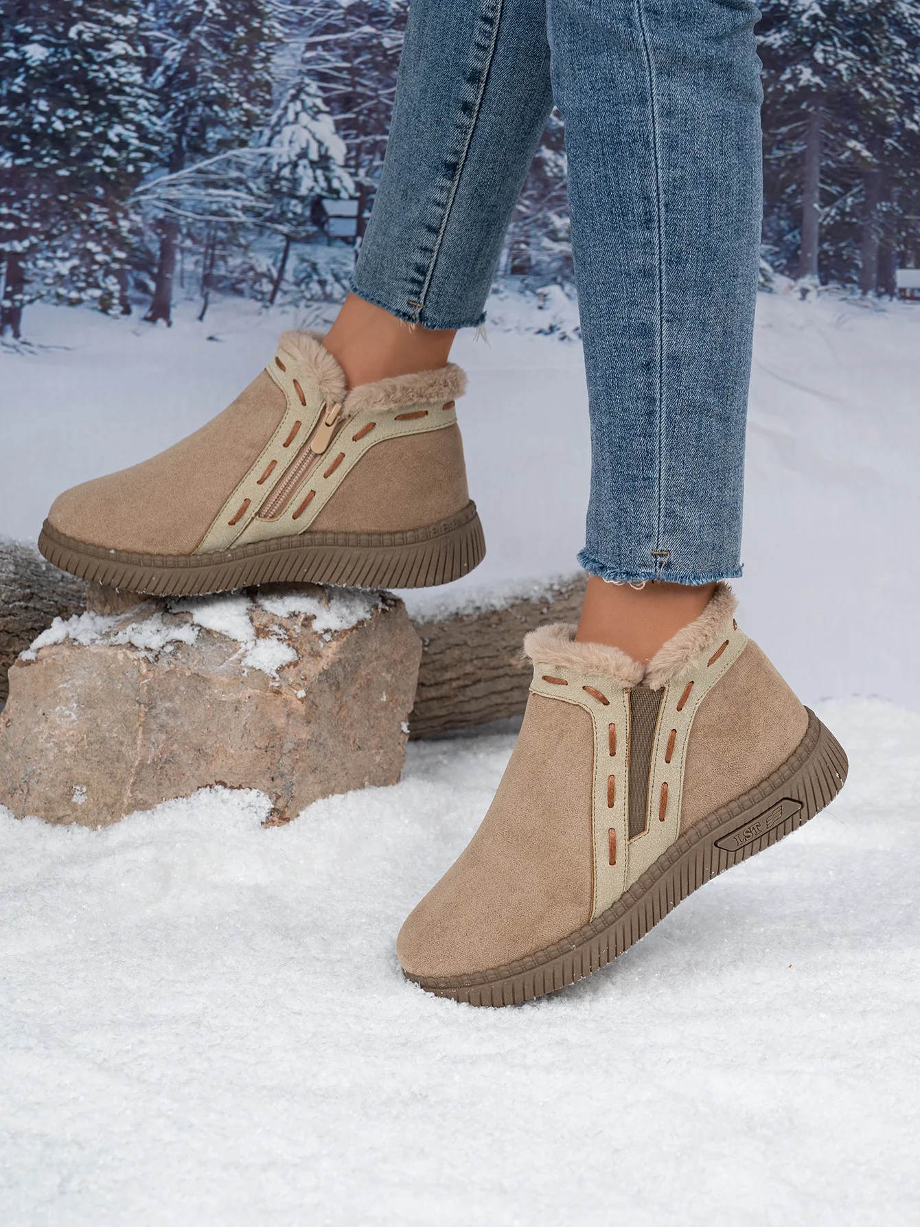 Damen-Winterstiefel Braun Damen-Knöchelstiefel mit seitlichem Reißverschluss, warm gefüttert mit Fleece, rutschfeste flache Schneestiefel für den täglichen Outdoor-Gebrauch. – Detail 8