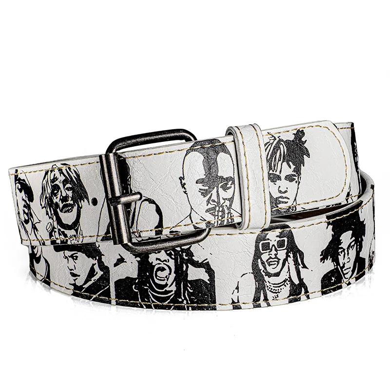 Rapper Printed Hip-Hop Street Belt Adjustable PU Leather Waistband Fashion Versatile Rock Rep Persona Pin Buckle Belt Men Women