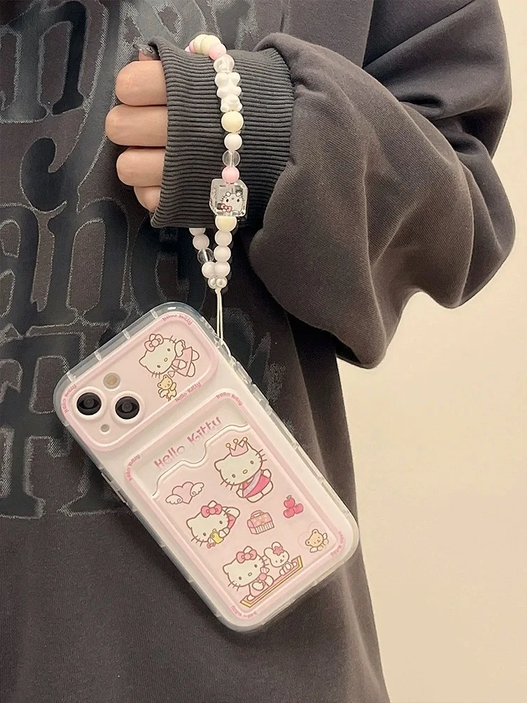 Cute Angel Hello Kitty Card Wallet bracciale custodia per telefono per iPhone 12 13 14 15 Pro Max Funny Cartoon Lens Protect Cover