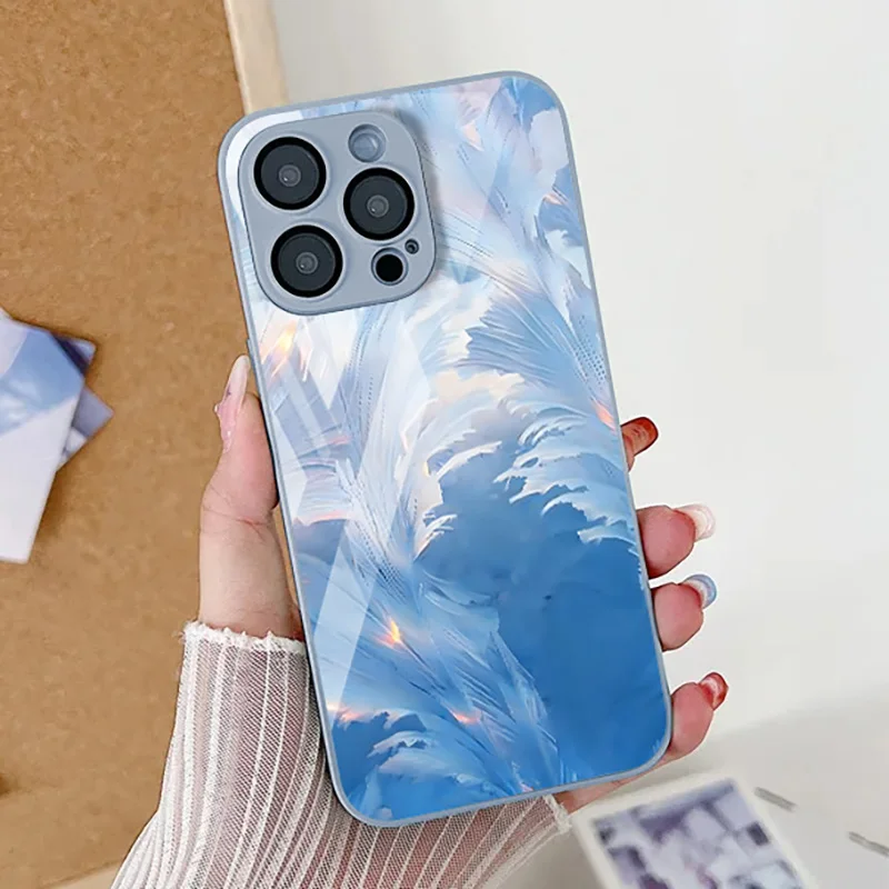 Blue Feather Tempered Glass Case For iPhone 14 Pro Max Case iPhone 13 15 12 11 X XS XR 7 8 SE Fundas Shockproof Protective Cover