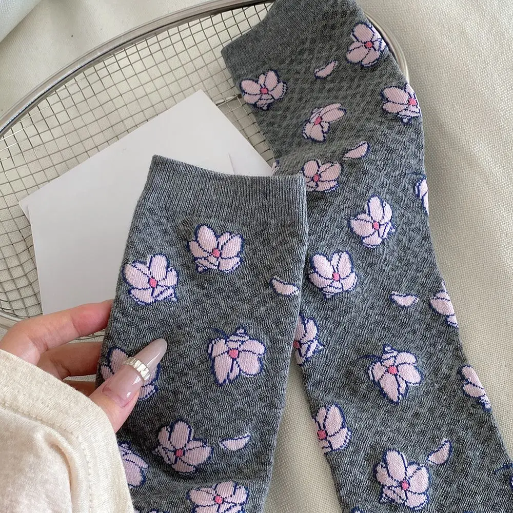 Cute Cotton Knee Socks Women Hyacinth Pattern Hosiery Japanese College Style Mid Calf Casual Breathable School Uniform Socks