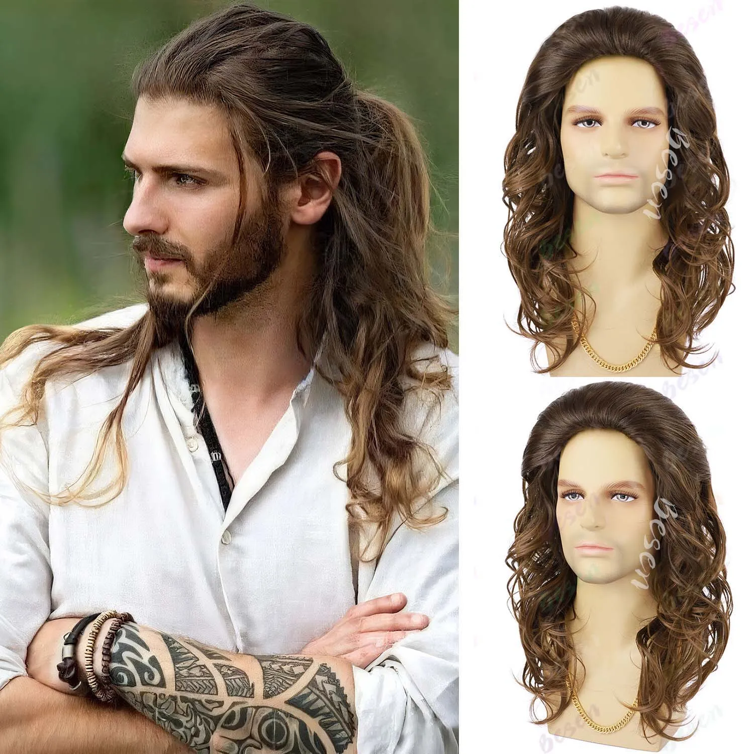 

Synthetic Mens Wig Long Curly Wavy Brown Wigs Heat Resistant Male Wig for Daily Party Cosplay Halloween Use, Multi-colored Wigs
