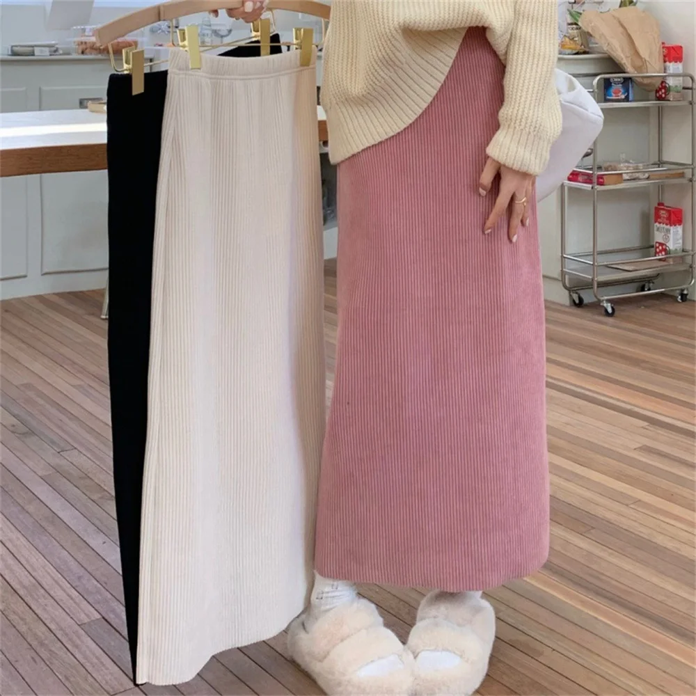 Fashion Corduroy Pink A-Line Skirts Women Korean Elastic High Waist Midi Skirt Women  Autumn Winter Vintage Warm Long Skirt