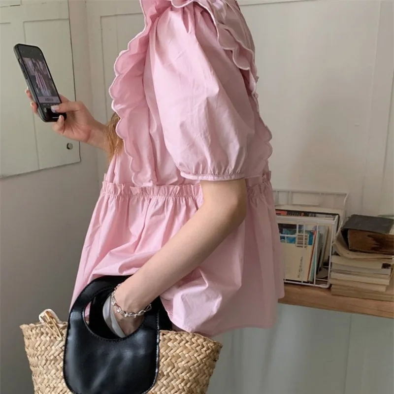 Solid Shirts Women Summer Sweet Girls Fungus Side Pleated Loose Korean Fashion Temperament Simple All-match Trendy Vacation Chic