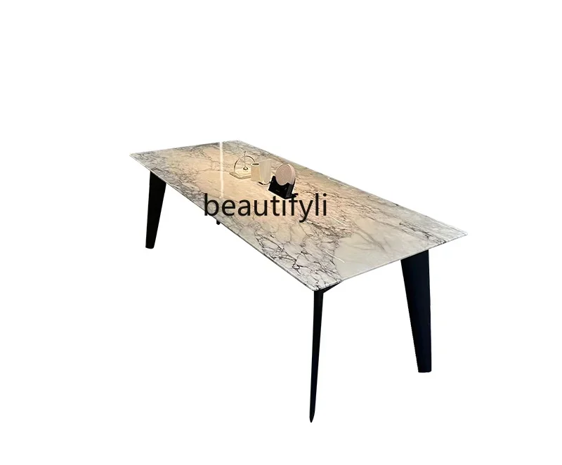 

Natural Imported Luxury Stone Dining Table Rectangular Marble Solid Wood Dining Table and Chair Designer Minimalist