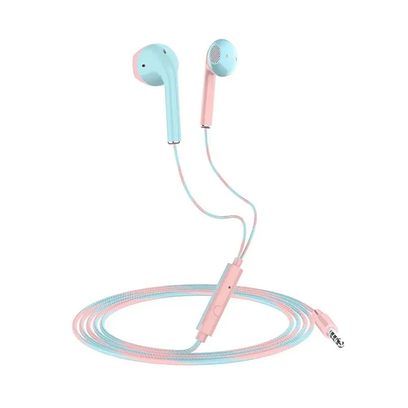 Two-color Spliced ​​flat In-ear Headphones Wired Music Call Headphones Macaron Color Mic Noise Reduction Headphones