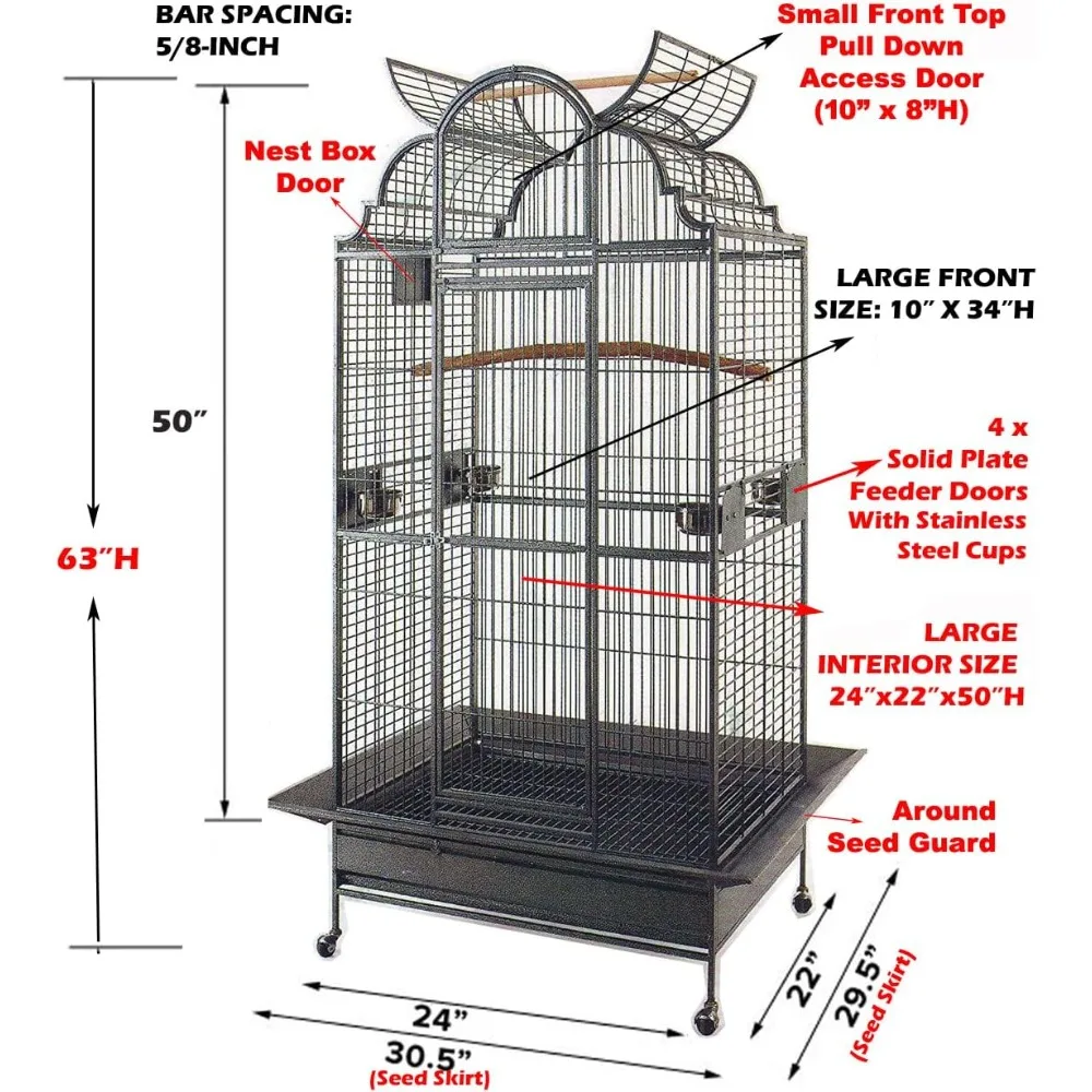 New Large Elegant Wrought Iron Dome Play Top Bird Parrot Cage, Include Metal Seed Guard Solid Metal Feeder Nest Doors