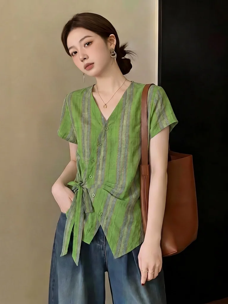 

Elegant Green Striped V-Neck Shoulder Shirt Women's plus Size Summer New Style Belted Waist Top Korean Style Commute Wind
