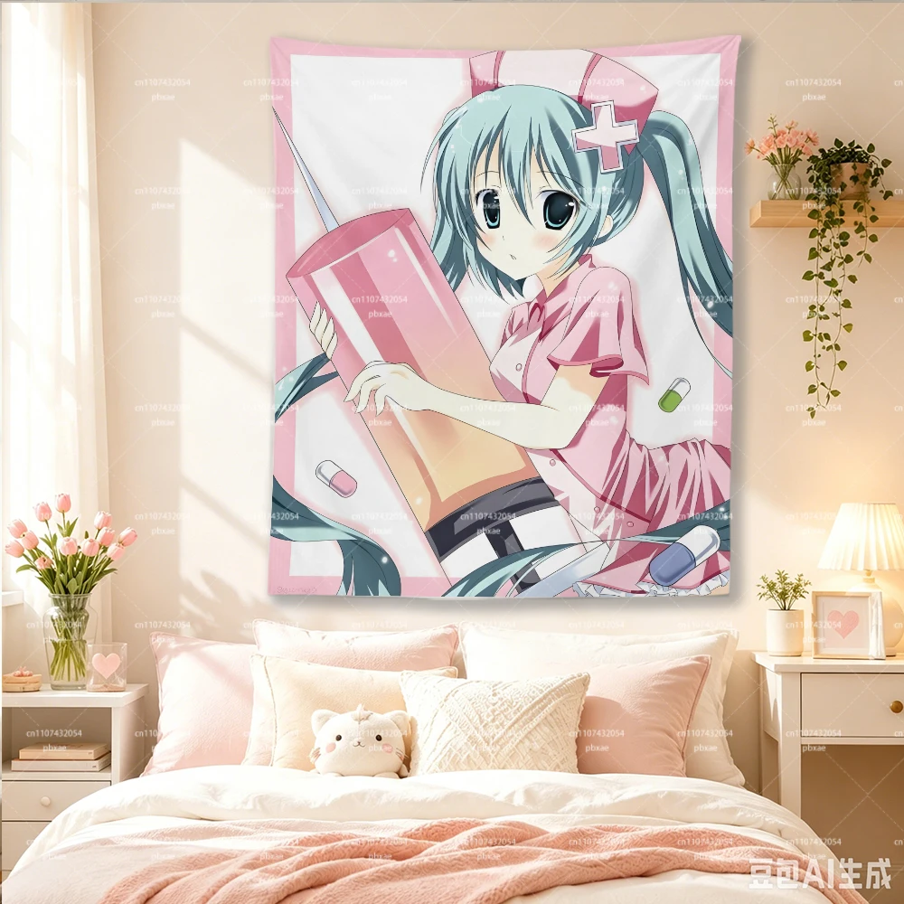 Hatsune Miku Wandteppich im Krankenschwester-Stil, rosa Anime-Wandbehang mit Twin-Tail-Girl-Spritzenmuster für Schlafzimmer, Wohnheim, Otaku-Dekoration – Detail 3