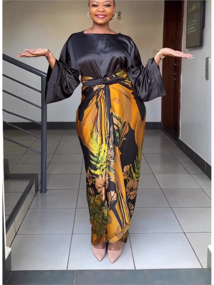 

Autumn Fashion Satin O-neck Bell Sleeve Top + Skirt 2-piece Set For Women Elegant Floral Printing Lace Up Casual Dresses Suit