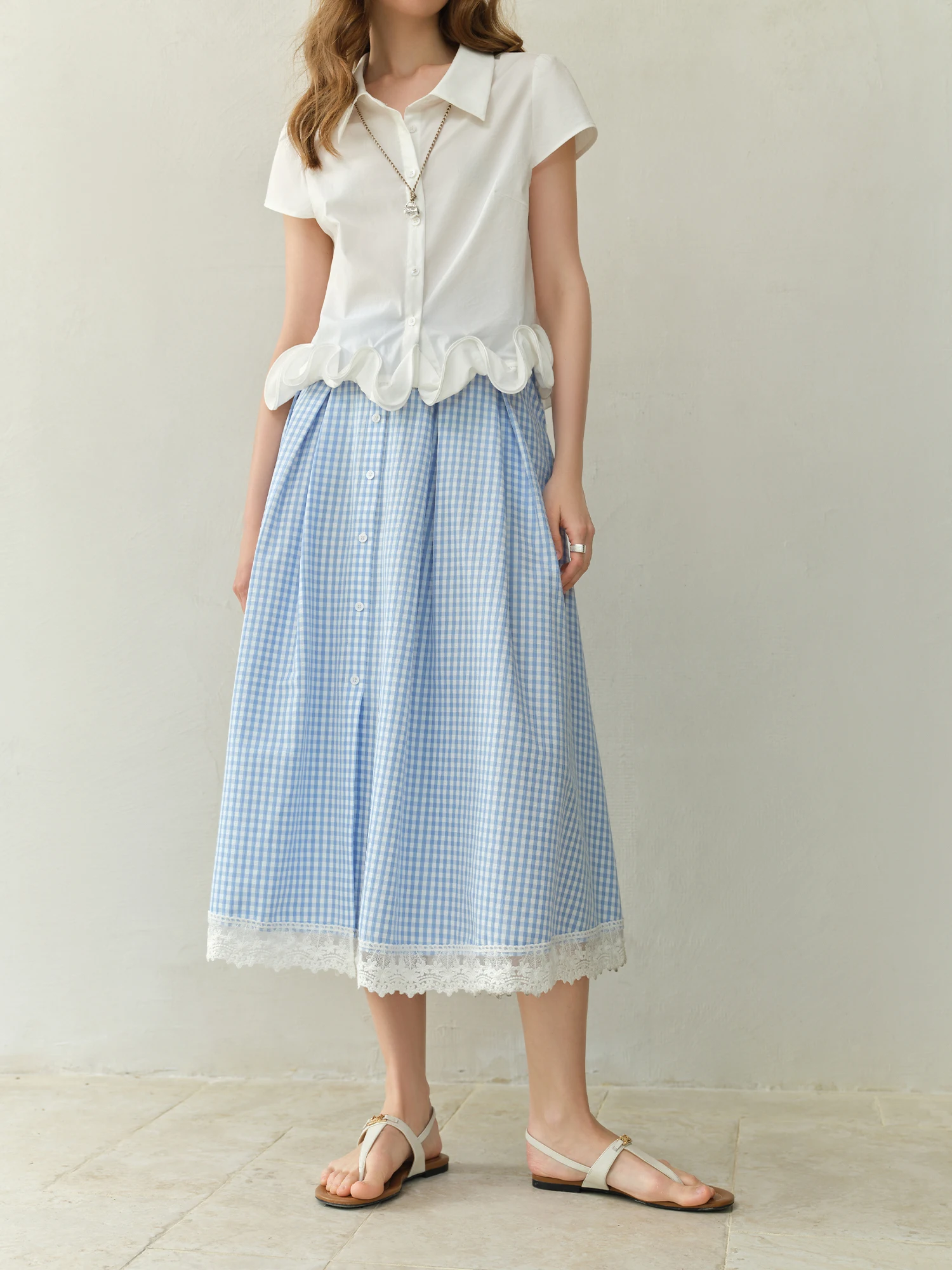 DUSHU Plus-size Blue and White Checkered Skirt - 2025 Summer New Arrival Chic Fashionable and Versatile for Women 25DS82445