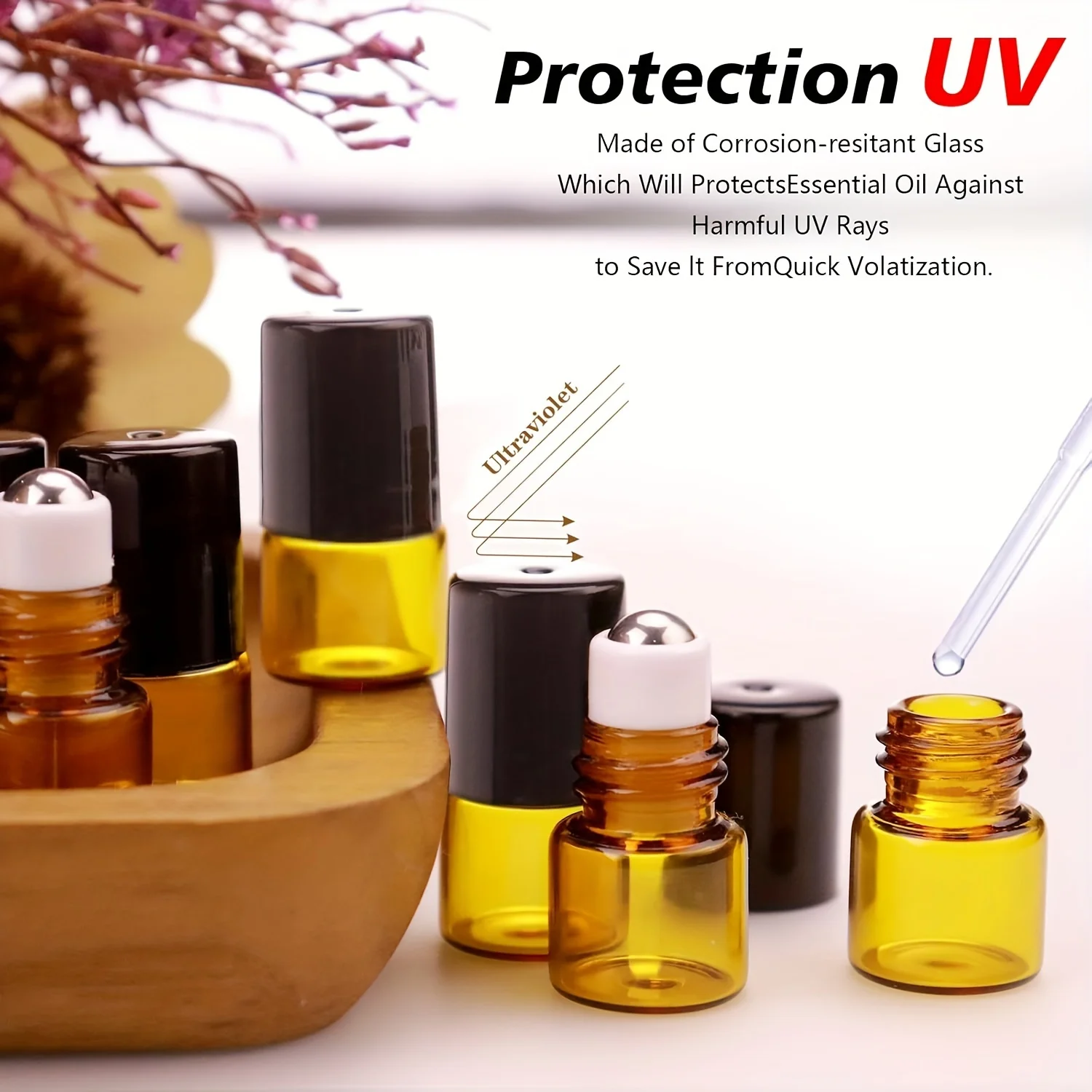 60-Piece Set, 2/3/5/10ml Amber Roll-On Bottles with Black Caps - Essential Oil Perfume Dispensing Bottles