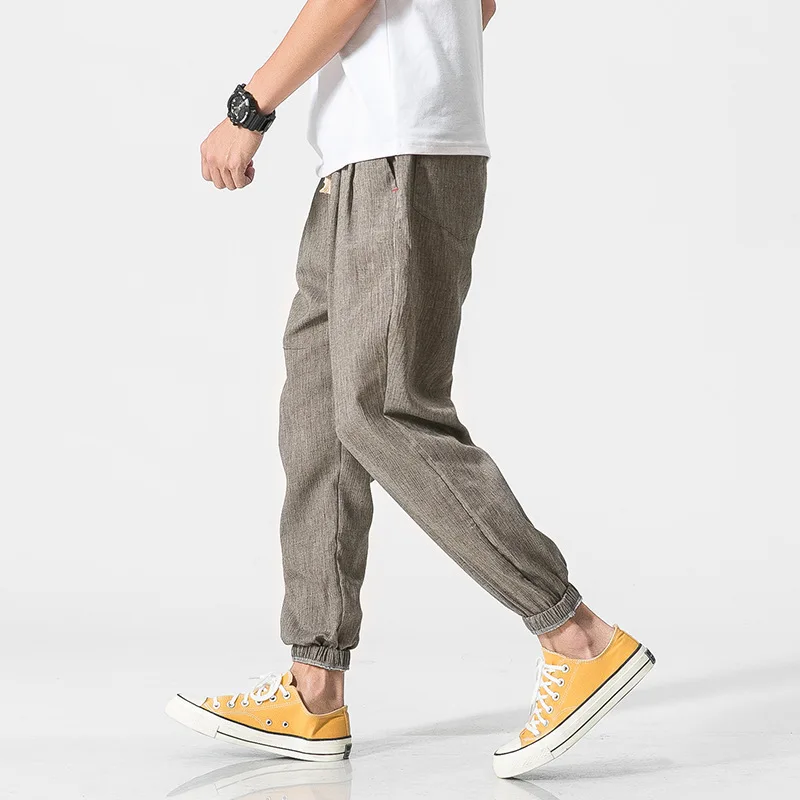 2024 New Summer Cotton Linen Men\'s Casual Pants Men\'s Solid Color Plus Large Loose Linen Pants Cargo Pants Men