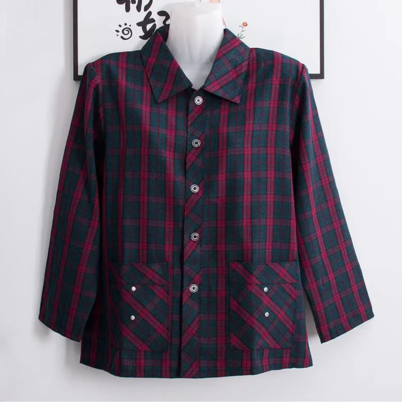 

Autumn Clothing for Middle-aged Elderly Women Thin Coats for Grandma Long-sleeved Plaid Shirts Elderly Tops