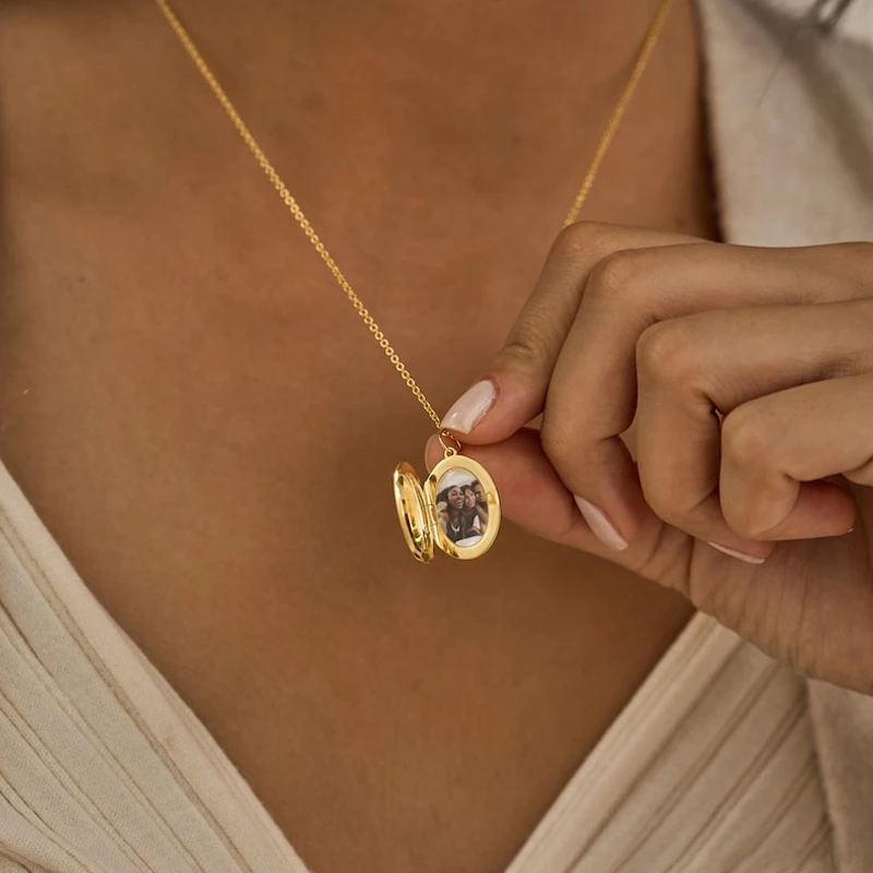 Medaillon-Halskette mit Gravur, ovale Halskette für Damen, 18K vergoldeter Rahmen, Erinnerungsschmuck, Jubiläumsgeschenk, Bijoux