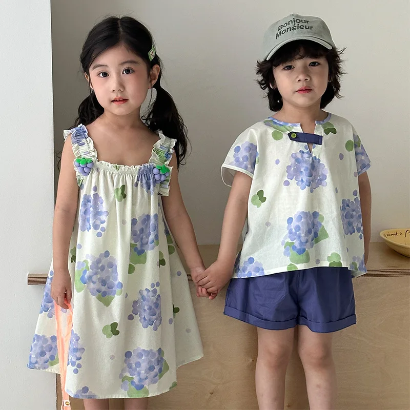 Siblings' Outfit 1-8Y Children's Summer Clothing Grape Printed Short Sleeve Tee+Shorts Boys Casual 2Pcs Girls' Strap Dress