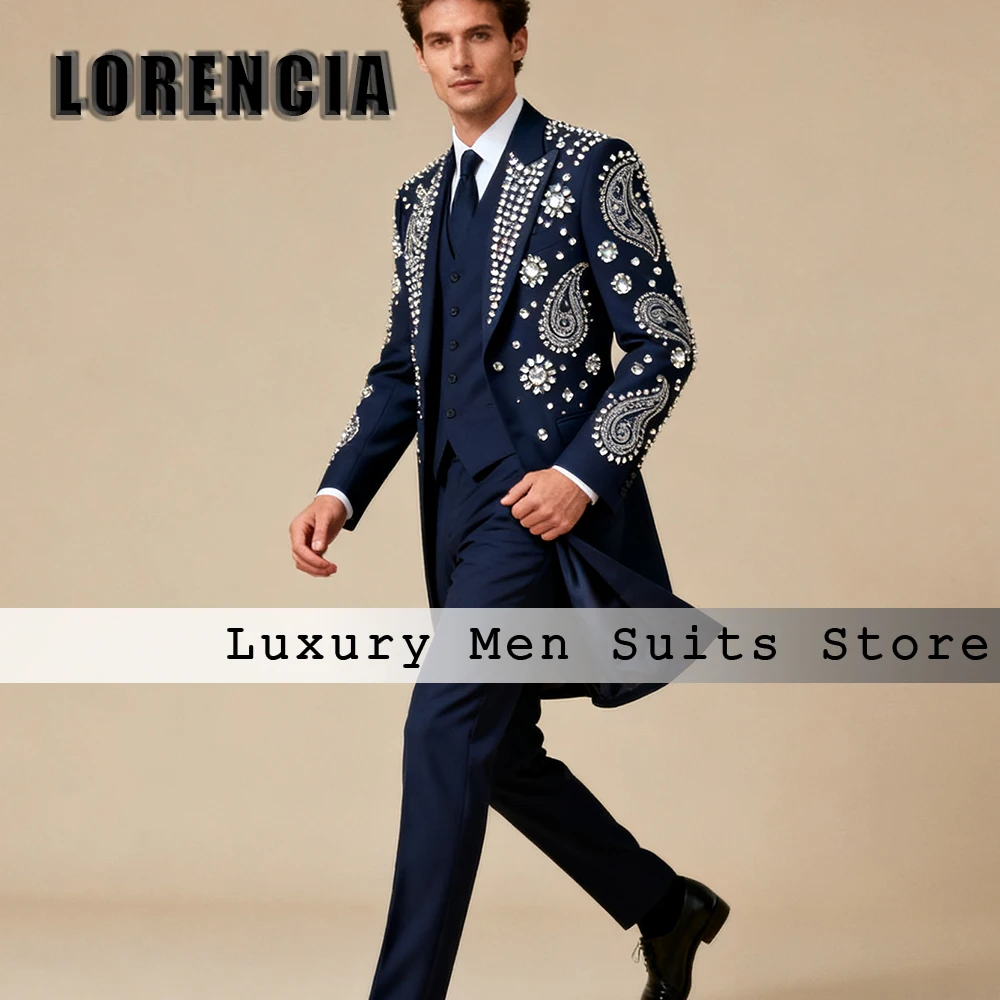 

Формальные костюмы с кристаллами для мужчин, длинная куртка из 3 предметов, вечерние смокинги для вечеринок, 2025 г., блейзер на заказ, брюки, жилет, roupas masculinas