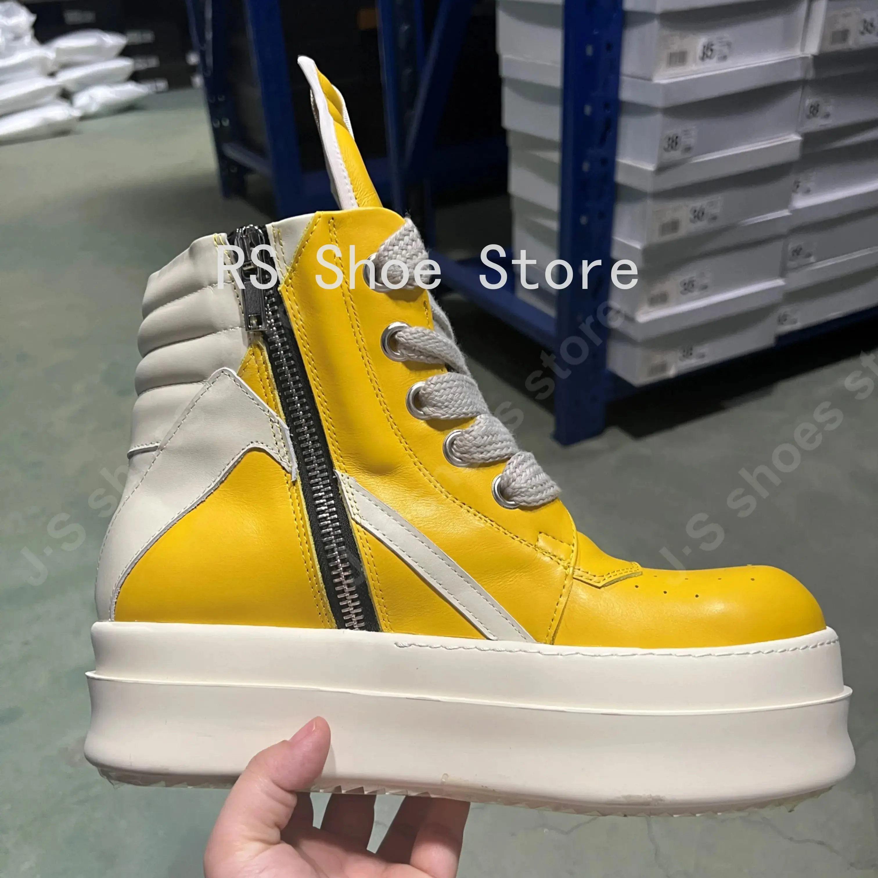 

Ro Designer Boots Men Sneaker Women Yellow Leather Ankle Boot Jumbo Laces Platform 6cm Thick Sole High Top Casual Shoe