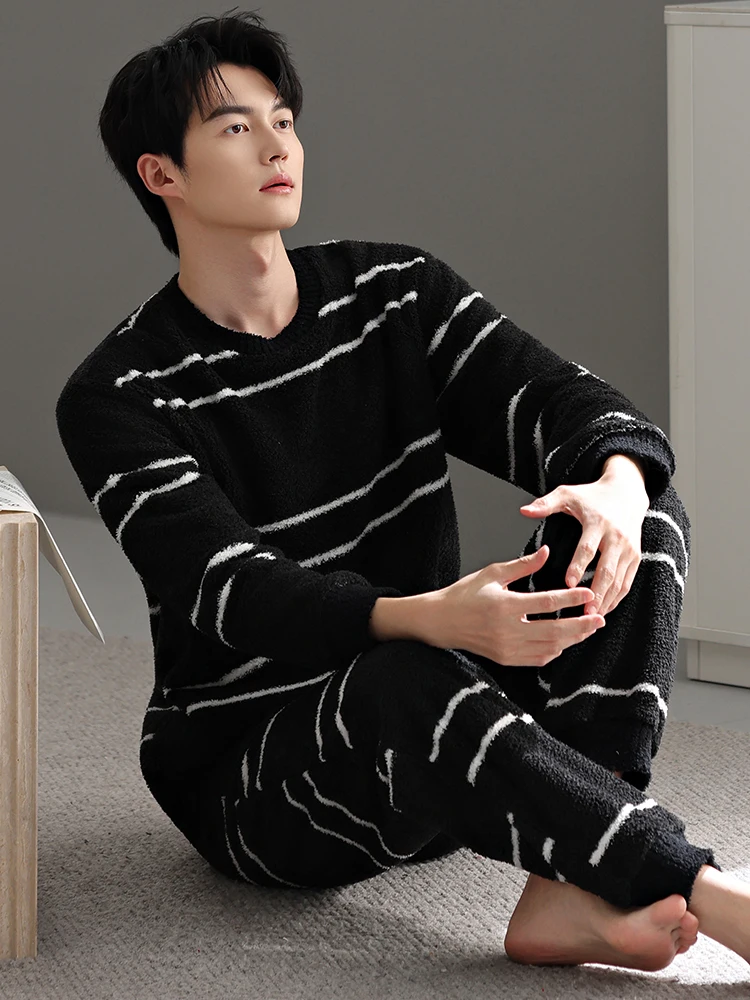 men's-coral-fce-pajamas-thiened-winter-home-clothes-f-velvet-stripe-set-warm-spwear-long-sve-pants-casual-outfit