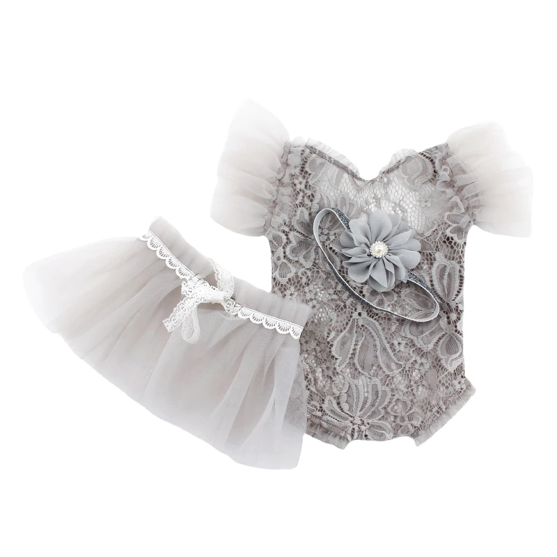 57EE 3Pcs/Set Newborn Photography Outfits Baby Girl Lace Ruffle Sleeveless Romper with Skirt Flower Headband Princess Dress