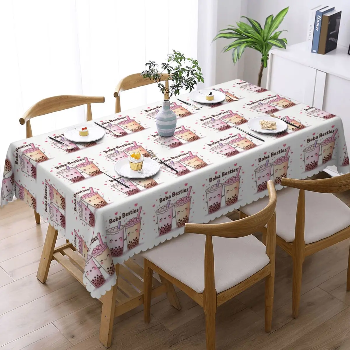 Boba Besties Cute Kawaii Bubble Tea Tablecloth Restaurant Kitchen Rectangular Tablecloth Festival Decorations Dining Table Cover