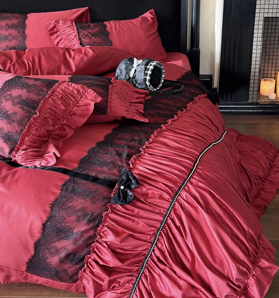 French romantic ruffled red greeen bedding set,full queen king cotton vintage home textile bed sheet pillow case quilt cover