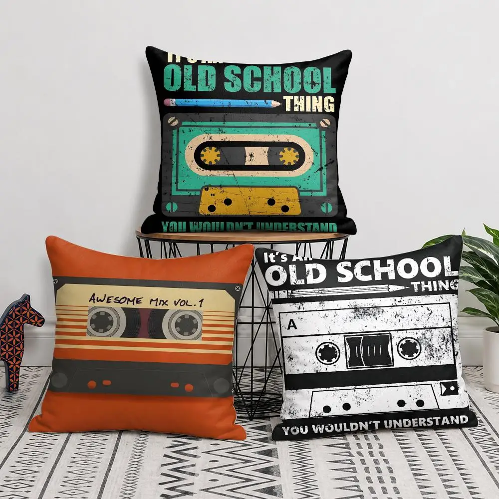 Old School Cassette Tape Cushion Cover Natural Linen Organic Fabric Double-Sided Printing Sofa Home Decor Gift Pillow Cover