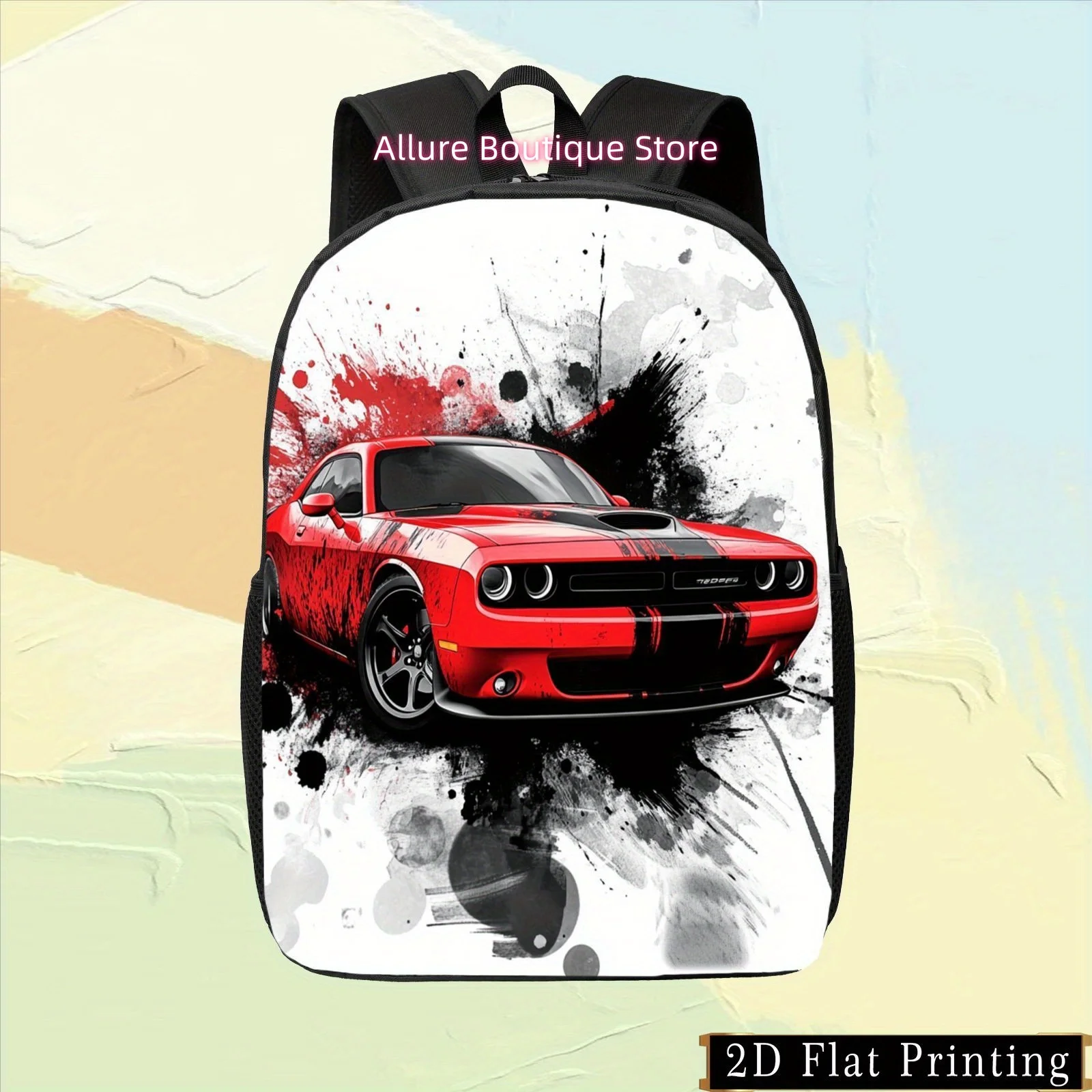 1pc Colorful Single-Sided Printed Student Backpack with Red Sports Car Pattern, Hand-Washable  Backpack, Zipper Design with Blac