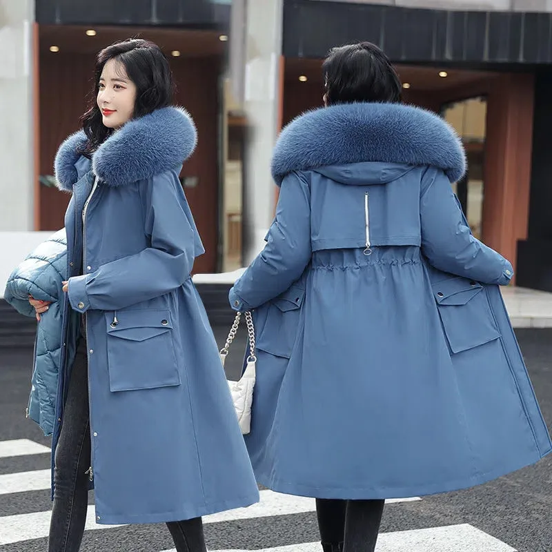 Chaqueta larga de invierno para mujer, Parka informal con forro de piel extraíble, con capucha, de algodón grueso, cálida, para la nieve, novedad de 2023