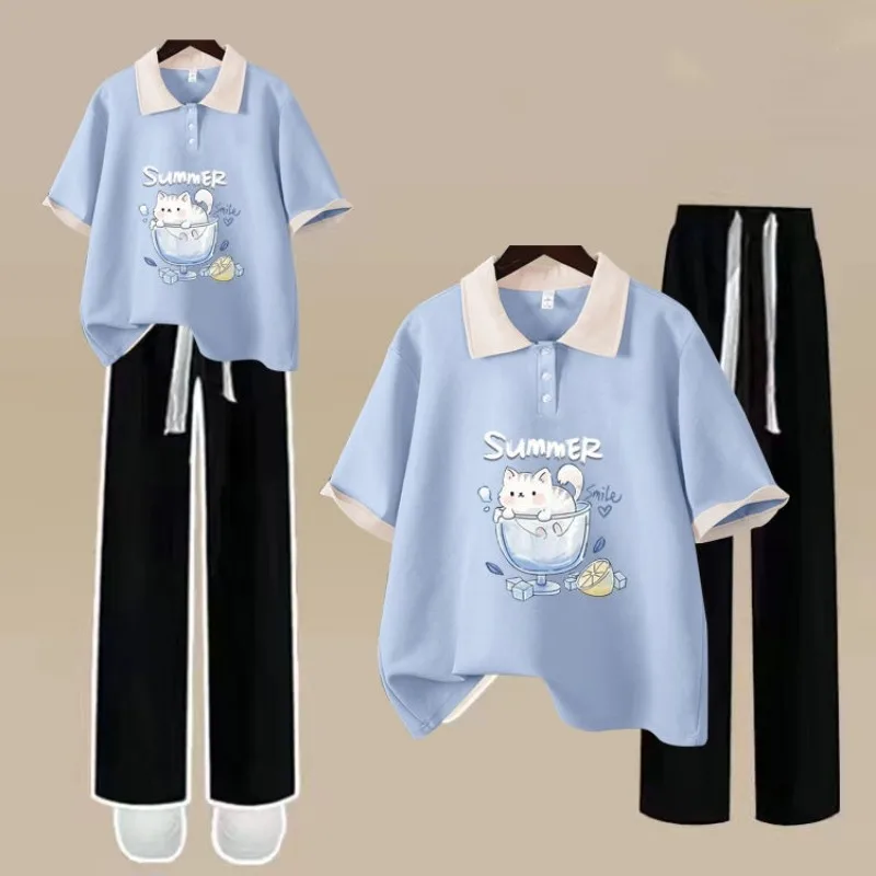 Kobiety Lato Śliczne Panda Polo T Shirty Spodnie Dwuczęściowe Garnitury Lady Casual Luźne Bawełniane Topy z Krótkim Rękawem Spodnie z Szerokimi Nogawkami Stroje