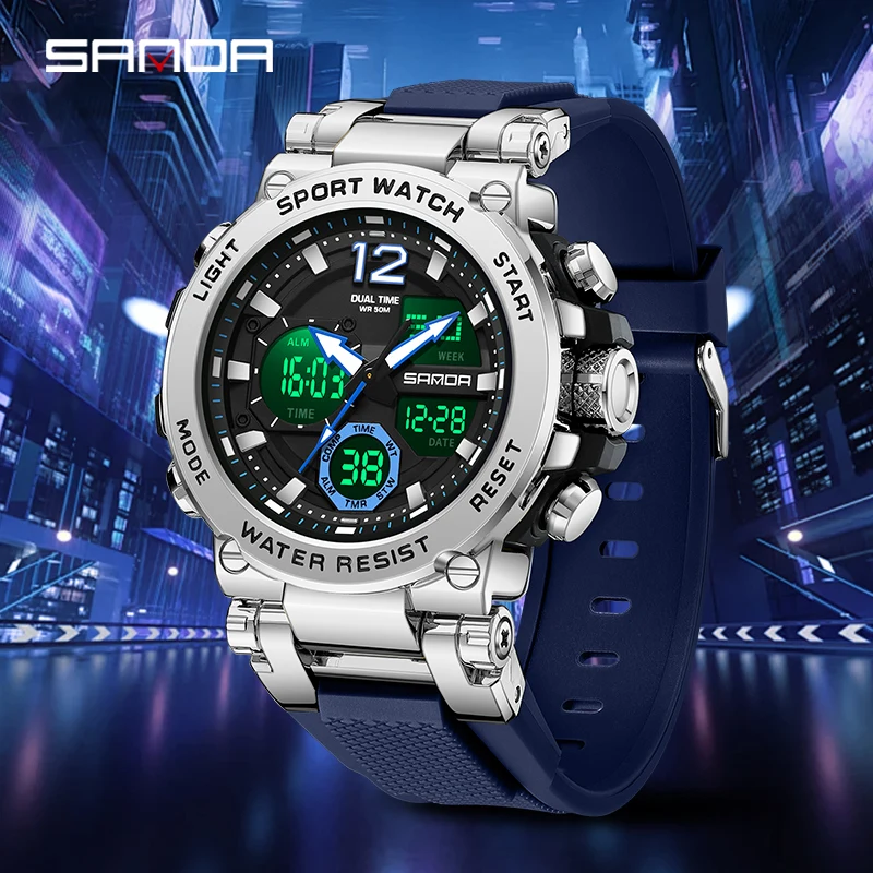 Fashion Sanda 6178 Top Brand New Men\'s Big Dail Sport Quartz Electronic Cool Multi Functional Waterproof Steel Band Watches