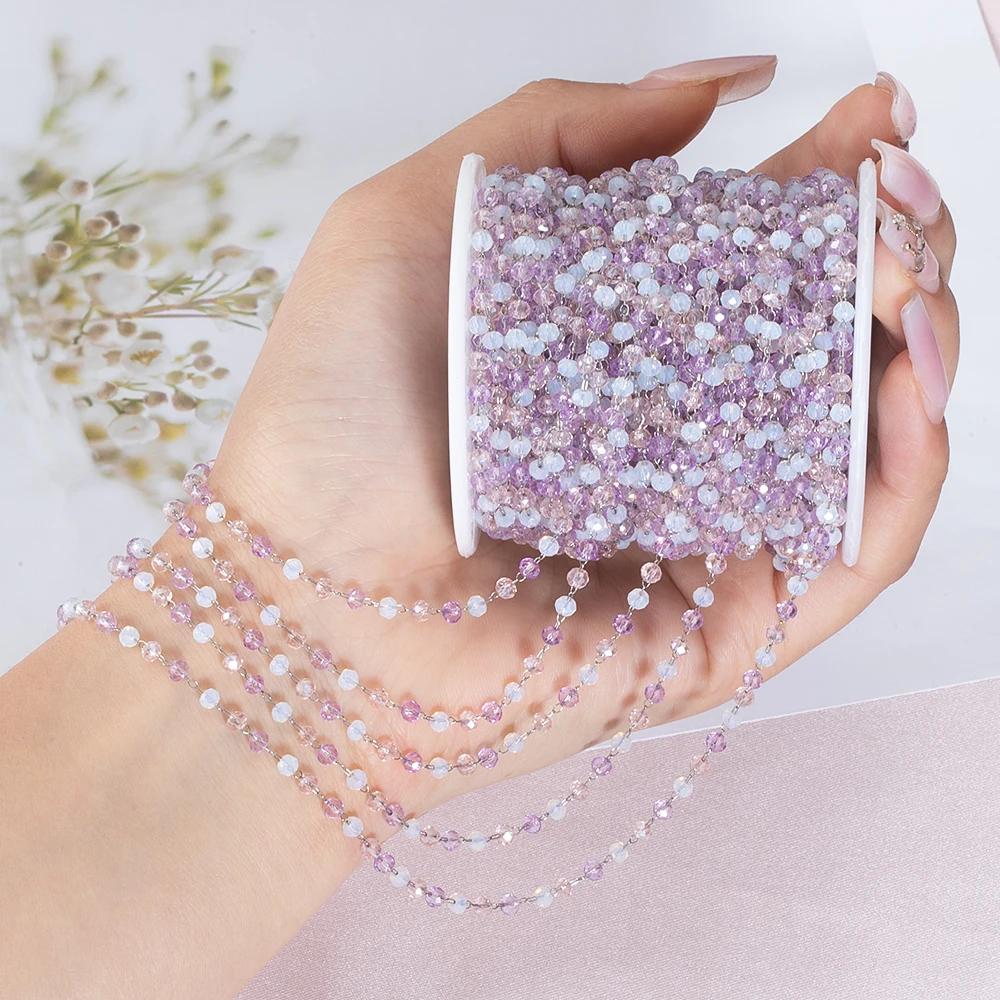 1Meter Purple Crystal Stone Beads Stainless Steel Chain for Necklace Bracelet DIY Jewelry Making Supplies