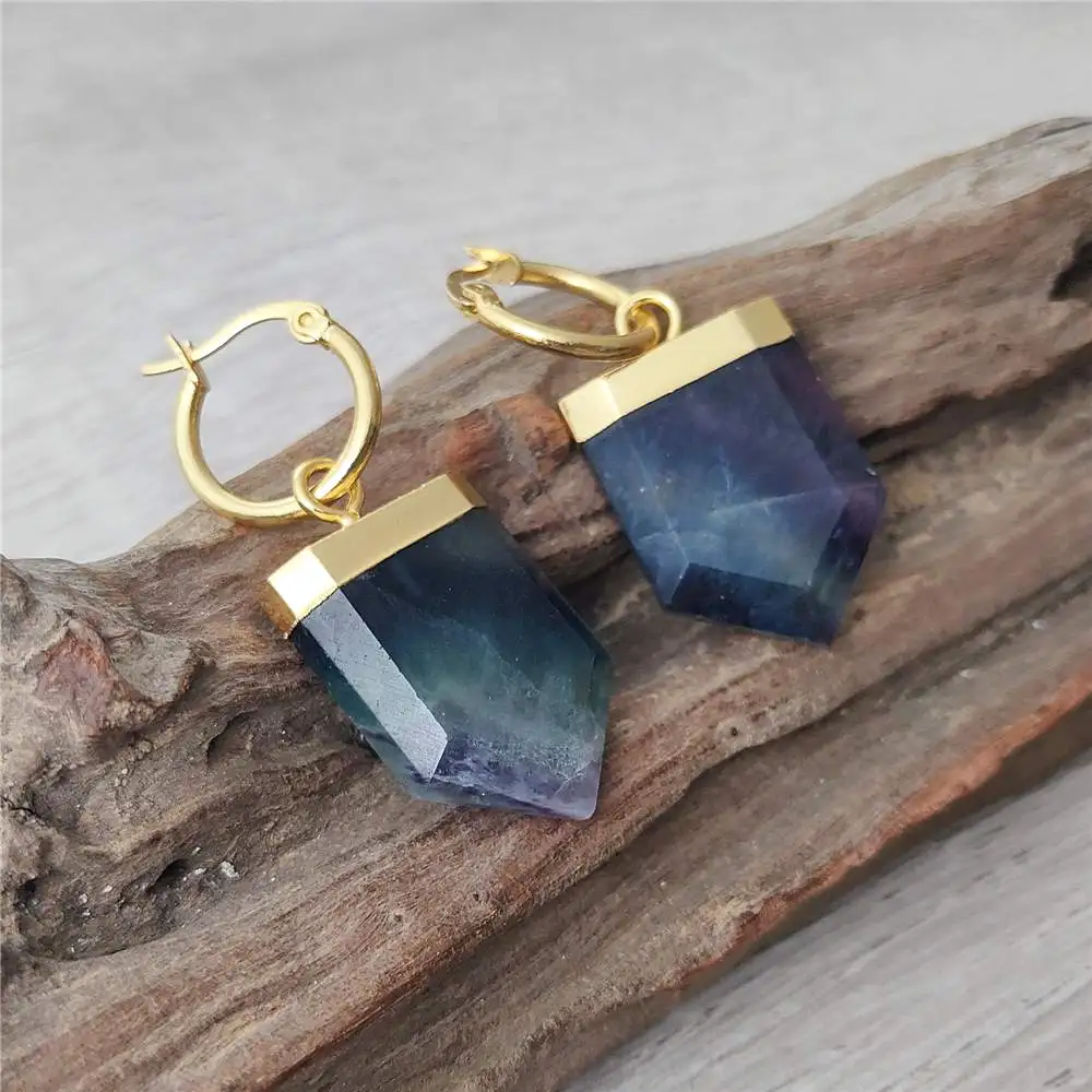 Fuwo Gesneden Shield Vorm Fluoriet Oorbellen, Goud Kleur Handgemaakte Natuursteen Crystal Sieraden Dangle Earring ER420 5 Paar/partij