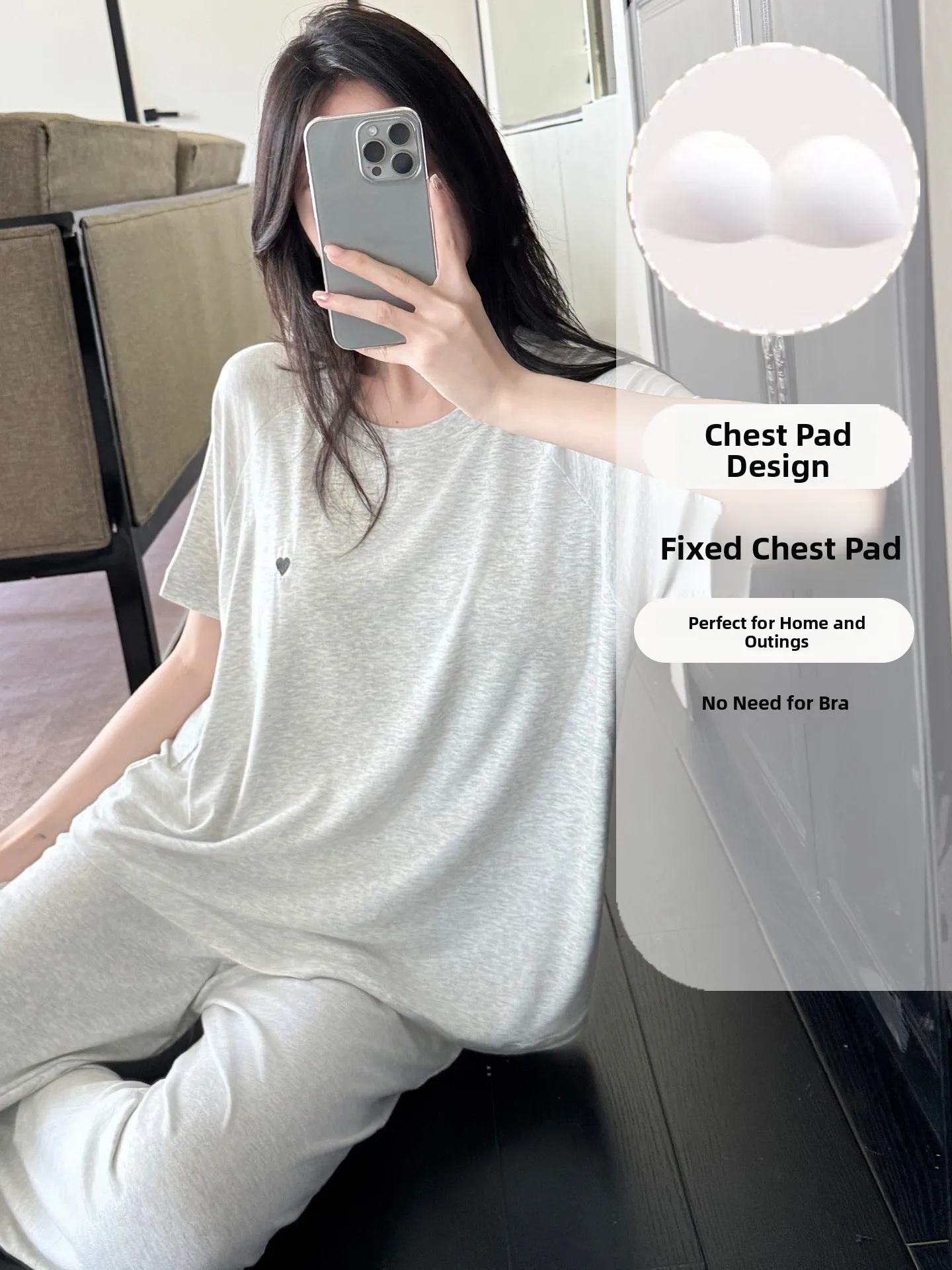 

2025 New Women's Sleepwear Short Sleeve Long Pants Home Clothes Set with Chest Pad Integrated Love Stitching Sweet Cute Style