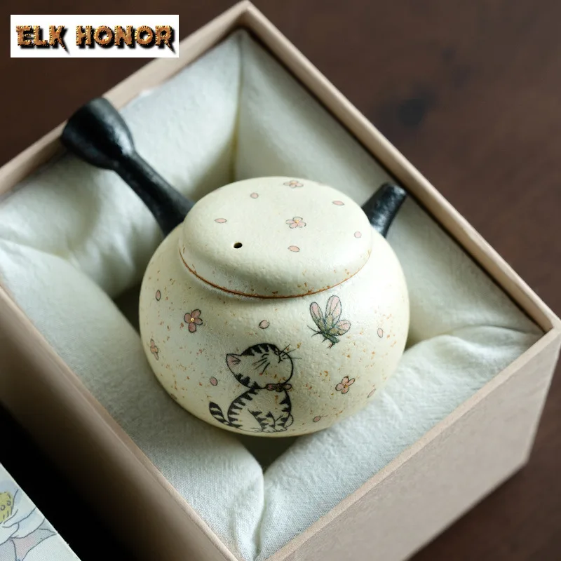 

150ml Hand-painted Cat Play Butterfly Side Handle Teapot Handmade Tea Infuser Pot Tea Making Kettle With Filter Chinese Teaset