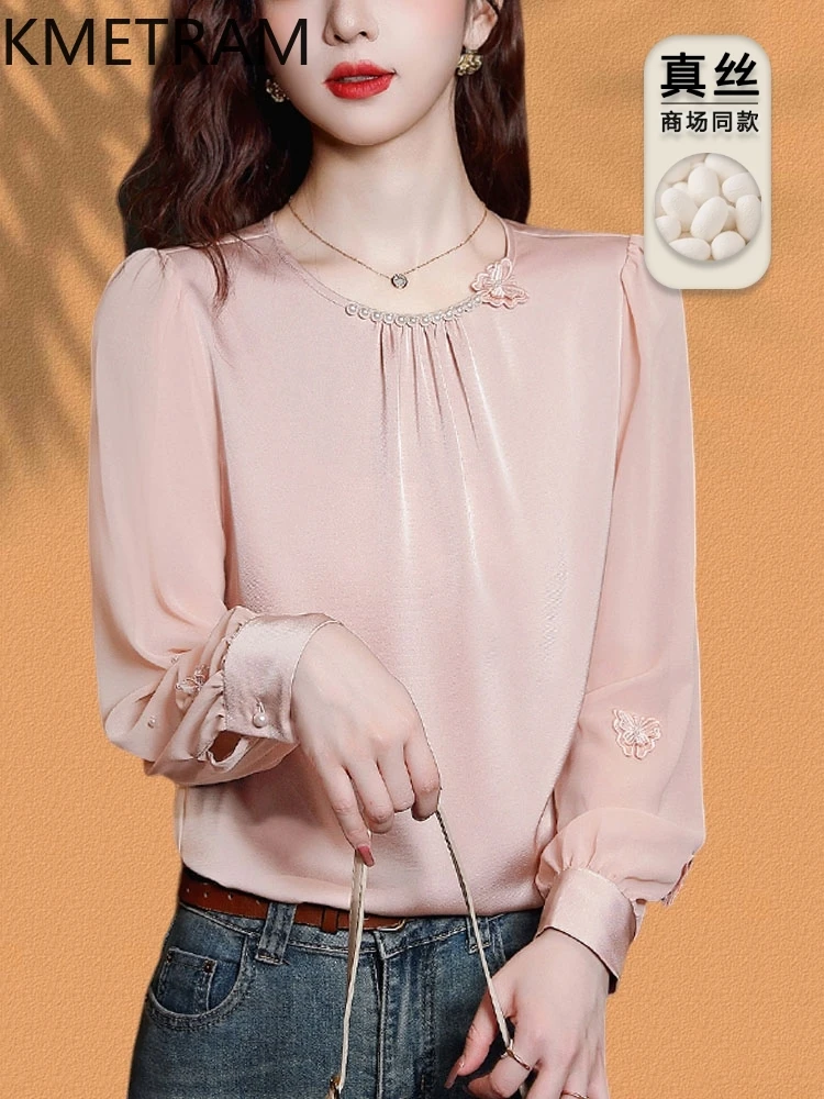 KMETRAM 90% Mulberry Silk Tops Woman Long Sleeve Women's Shirts Solid Elegant Tops for Woman Clothing 2025 Spring Tops Femme