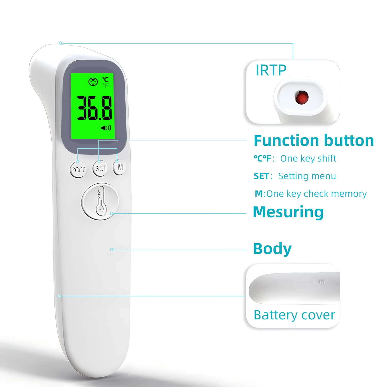 Non-Contact Infrared Forehead Thermometer,Portable Digital IR Thermometer Fast Readings,Home Medical Temperature Measuring Devic