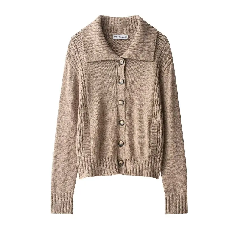 

Turn-down Collar Chic Knitted Cardigan Sweater Coat Simple Long Sleeves Office Lady Streetwear Solid Pocket Tops