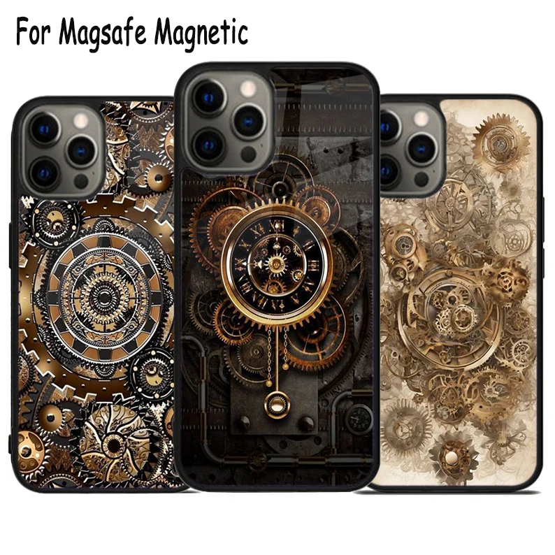 Steampunk Clocks Wireless Charge Magsafe Phone Case For iPhone 15 16 14 13 11 12 Pro Max Plus Magnetic Bumper Cover