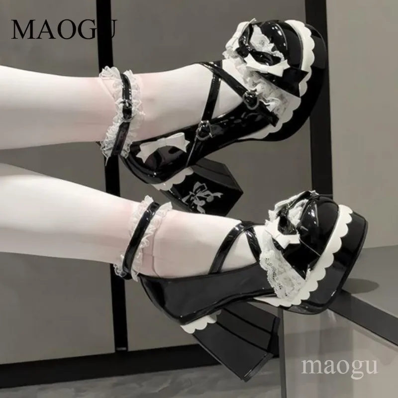 Sweet Lolita Platforms Lace Bow Decor Chunky Block Heel Mary Janes Kawaii Heart Buckle Cosplay Dress Shoes Cute Zapatos Mujer - view 2