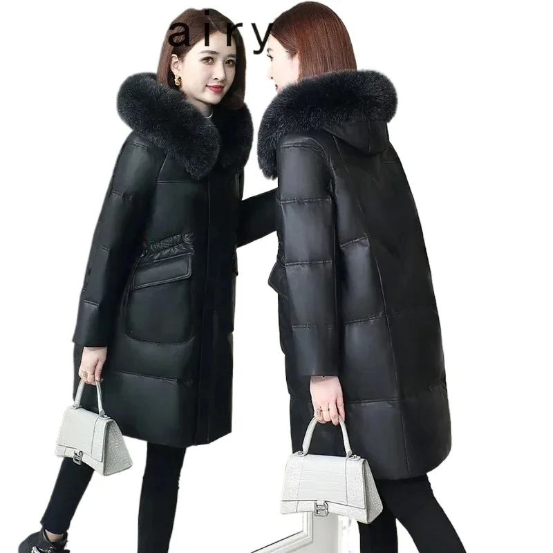 Veste en cuir véritable de haute qualité, Trench-Coat en cuir de mouton véritable pour femme, manteaux d'hiver mi-longs avec col en fourrure de renard