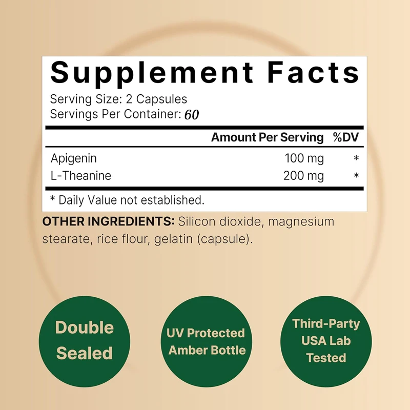 100 miligramas contendo L-theanina, 60 cápsulas vegetarianas contendo bioflavonoides, antioxidantes e complexos de aminoácidos