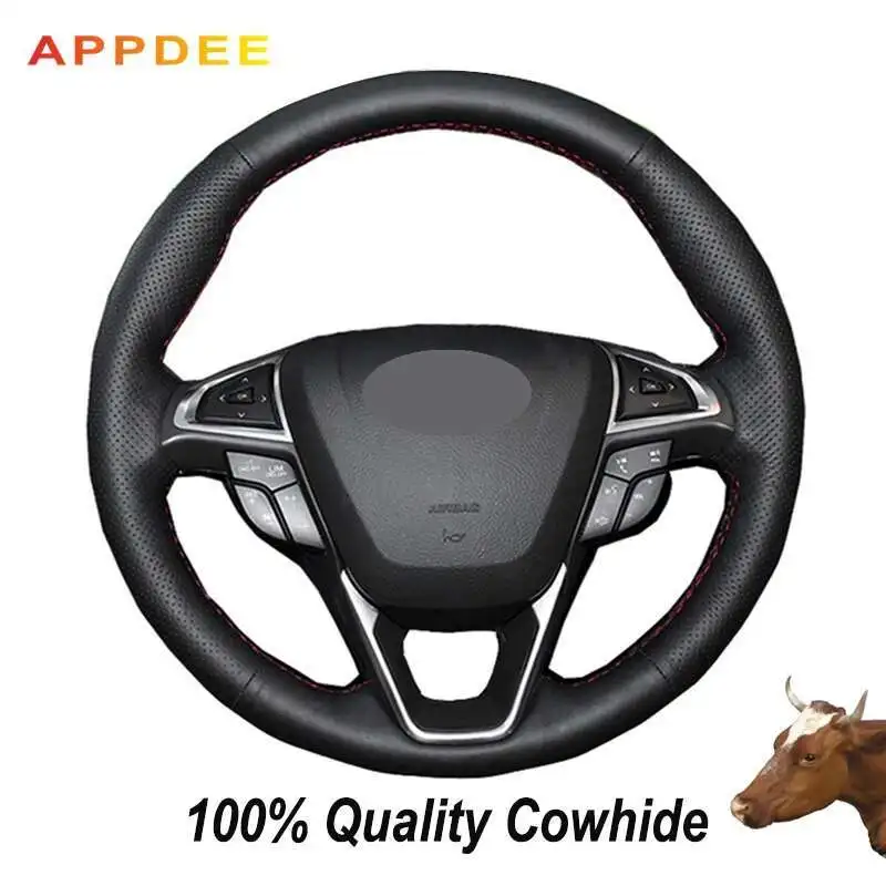APPDEE Steering Wheel Cover Black Genuine Leather Car Steering Wheel Cover For Ford Fusion Mondeo 2013 2014 EDGE 2015 2016