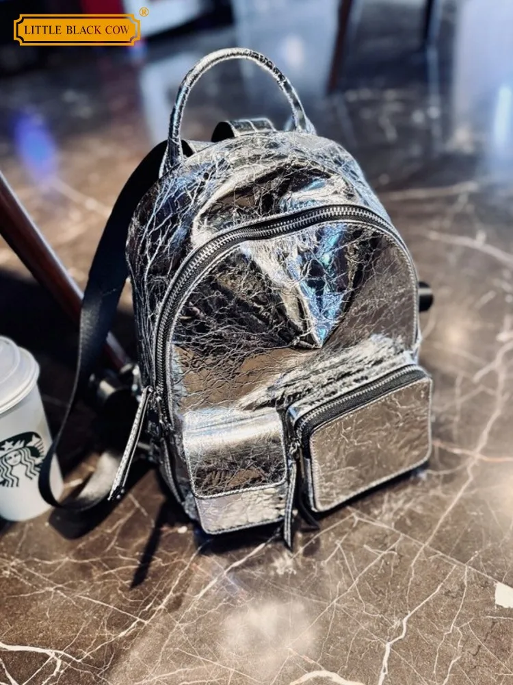 Euro-American Style Womens Oil Wax Cowhide Fashion Backpack Female Genuine Leather Casual Silver Backpacks Zipper School Bag
