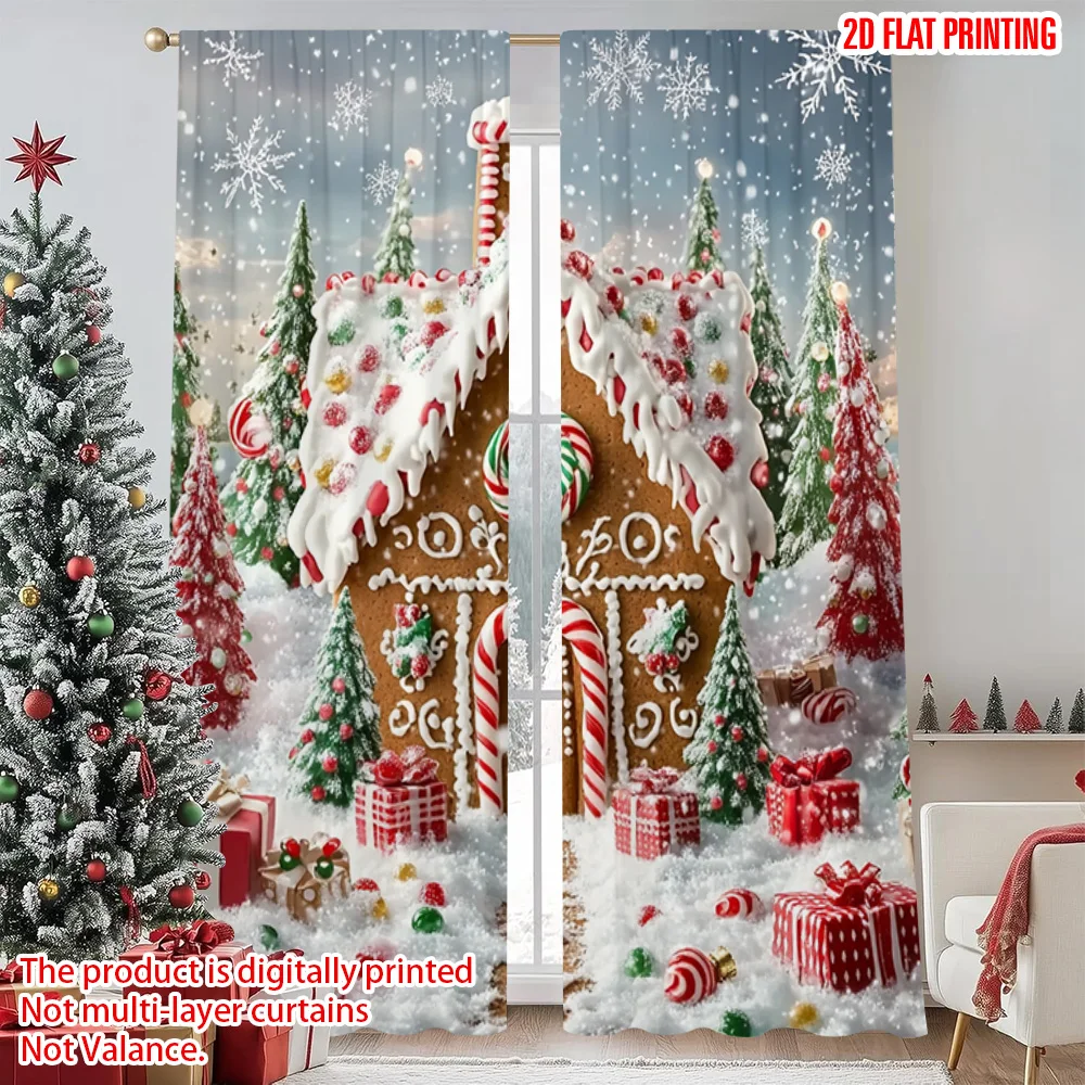 

2pcs 2D flat printing Merry Christmas Popular Curtains Merry Christmas_ candy house Fabric Without Electricity Festive Holiday