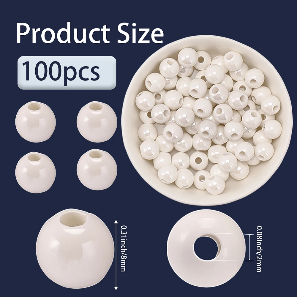 1 Box 8MM 100PCS White Procelain Beads with Holes Handmade Ceramic Round Smooth Pearlized Glossy Loose Spacer Bead Bulk