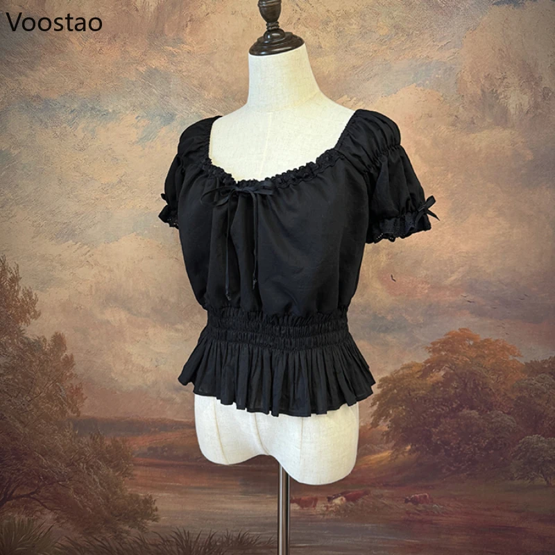 Vintage Sweet Lolita Blouses Women Cute Bow Lace Ruffles Puff Sleeve Slim Undershirt Girls Gothic Kawaii Shirt Crop Tops Summer