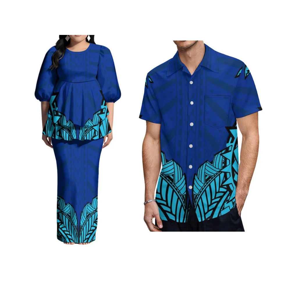 Robe de costume pour femmes, imprimé Floral Samoan, Puletasi personnalisé, manches bouffantes, ourlet Double couche, chemise pour hommes, robe de Couple